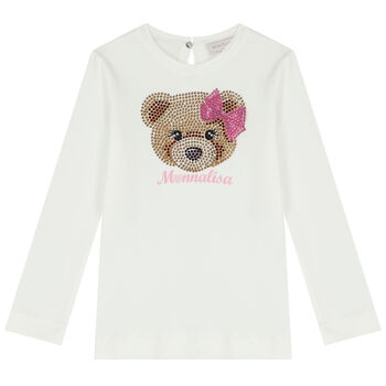 Girls Ivory Teddy Bear Embellished Long Sleeve Top